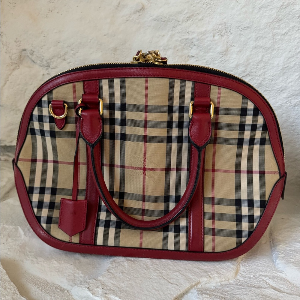 Burberry Red and Tan Satchel with Plaid Pattern